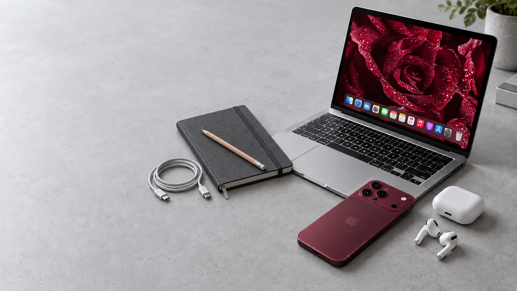 Silver laptop showing a burgundy rose and Mac dock, with a notebook, wooden pencil, light grey charging cable, burgundy smartphone and white earbuds